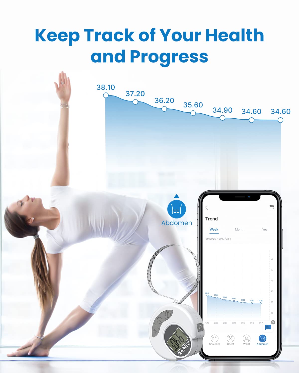 RENPHO Body Measuring Tape, Bluetooth Smart Tape Measure with Lock Hook & Retractable Function, Accurate Body Fat Measurement Device for Weight Loss, Muscle Gain, Fitness Bodybuilding, 60in /150cm
