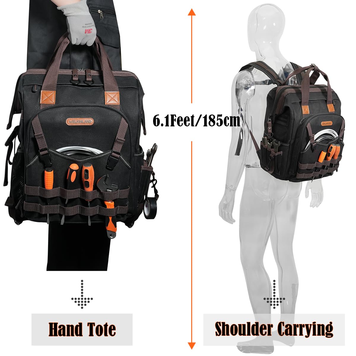 WELKINLAND 88-Pockets Waxed- Canvas HAVC Tool Backpack,Heavy-Duty electrician tools backpack,Open-Top technician tool bag backpackTool back pack for construction