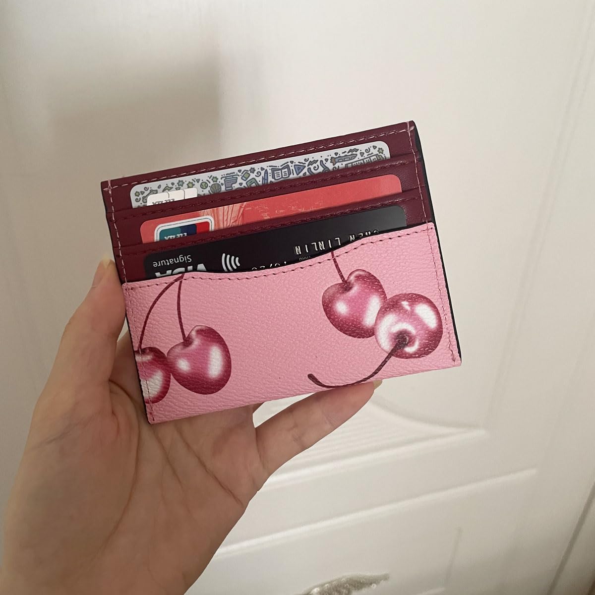 Youbus Slim Card Case for Women Leather Credit Card Holder with Cherry Print (Red)