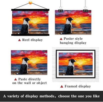 Yesad Dog Wall Art, Border Collie Painting Sunset Beach Canvas Print Impressionist Artwork Colorful Poster Pictures Gift for Dog Lover Wall Décor for Living Room Bedroom (Unframed,24”x16”, Dog1)