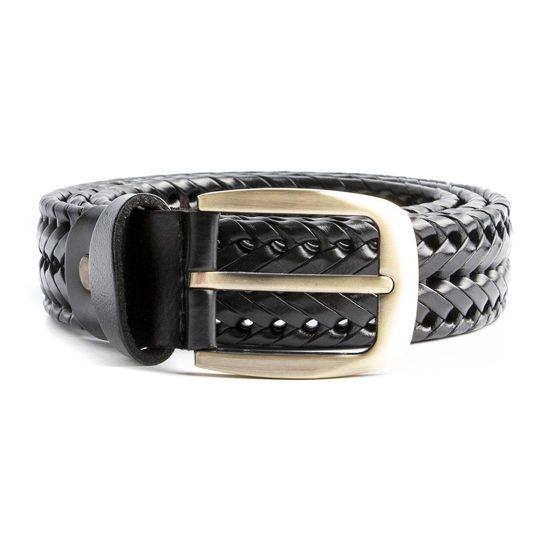 ECHAIN Men Braided Woven Genuine Leather Belt (Waist:34-36, Black)