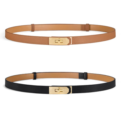 Fianmy Skinny Leather Belts for Women with Adjustable Silver Turn-Lock Buckle for Dresses Jeans and Pants (Black with Gold Buckle and Brown with Gold Buckle)