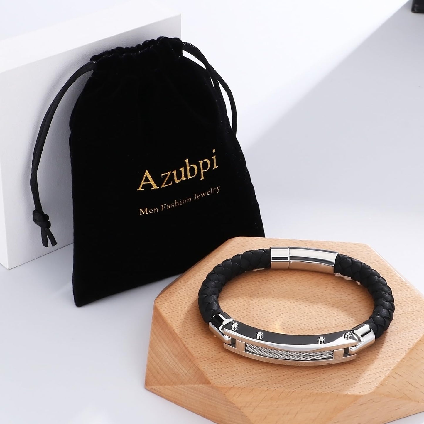 Azubpi Black Braided Leather Bracelet for Men, Stainless Steel Push-In Clasp Casual Fashion Jewelry Gift for Him