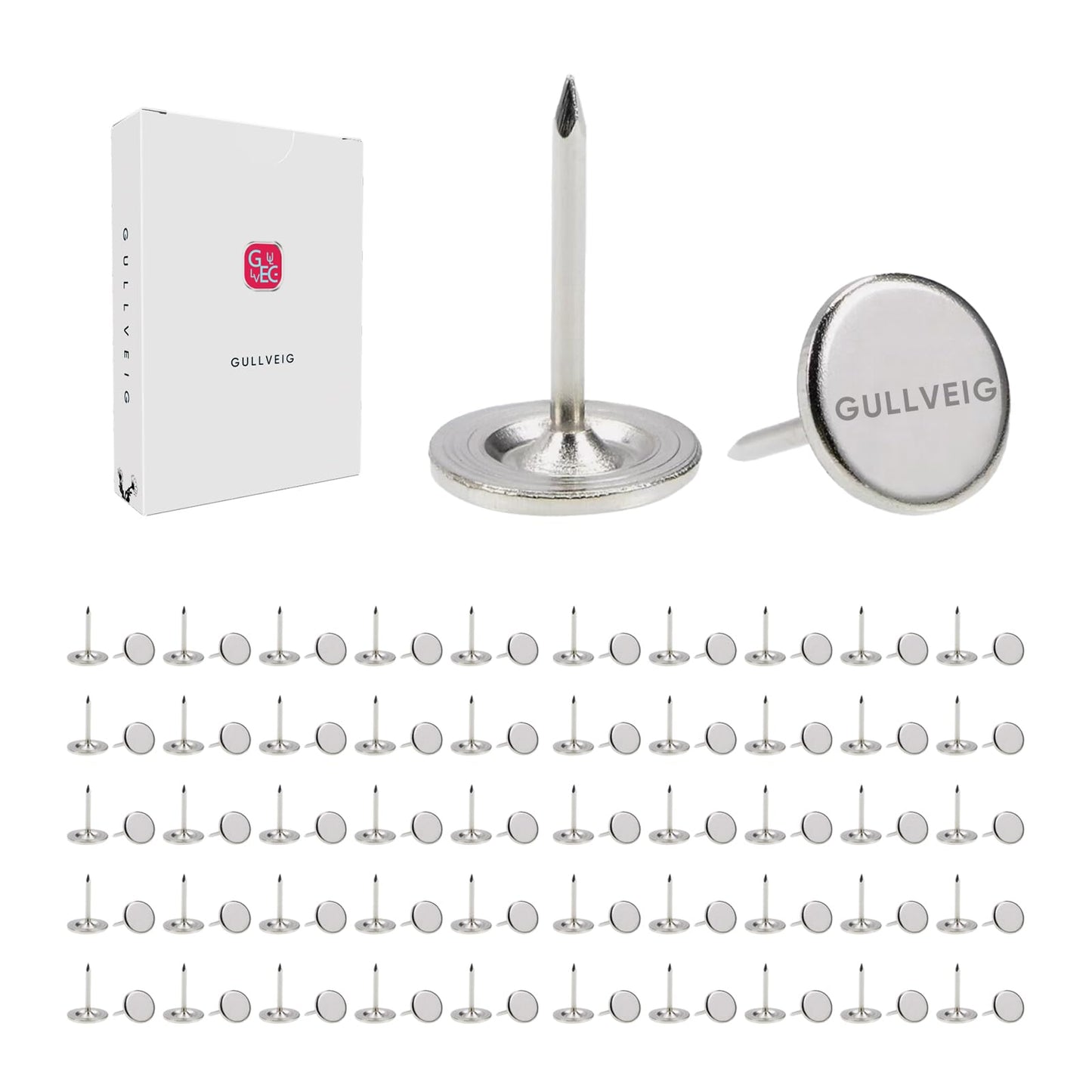 Gullveig Silver Push Pins - 100 Piece Set in Elegant Metallic Finish - Durable Metal Thumb Tacks, Reusable Paper Box - Perfect for Home, Office, and DIY Projects - Ф11mm x 17mm