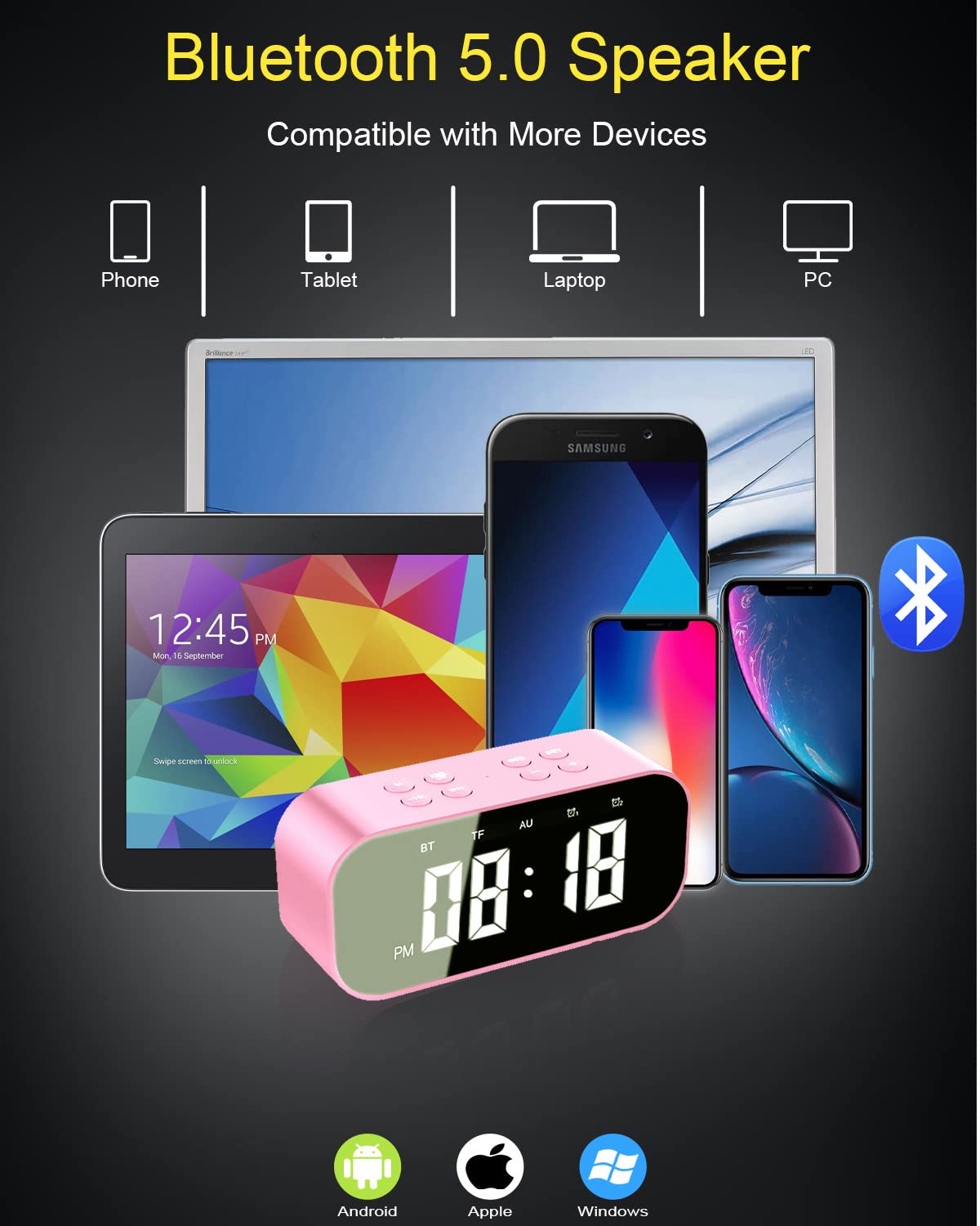 AFK Alarm Clock with Bluetooth Speaker for Bedroom,Small Digital Clock with Dual Alarms,Snooze,Mirror LED Display for Girls,Adults.