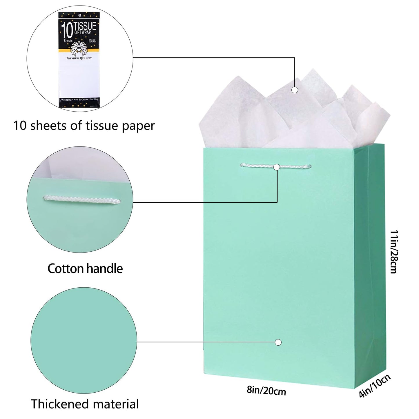 SHIPKEY 10 Pack Aquamarine Green Gift Bags with Tissue Paper | 8x4x11inch Bridesmaid Gift Bag, Wedding Paper Bag, Medium Shopping Bags for Gifts (20x10x28cm)