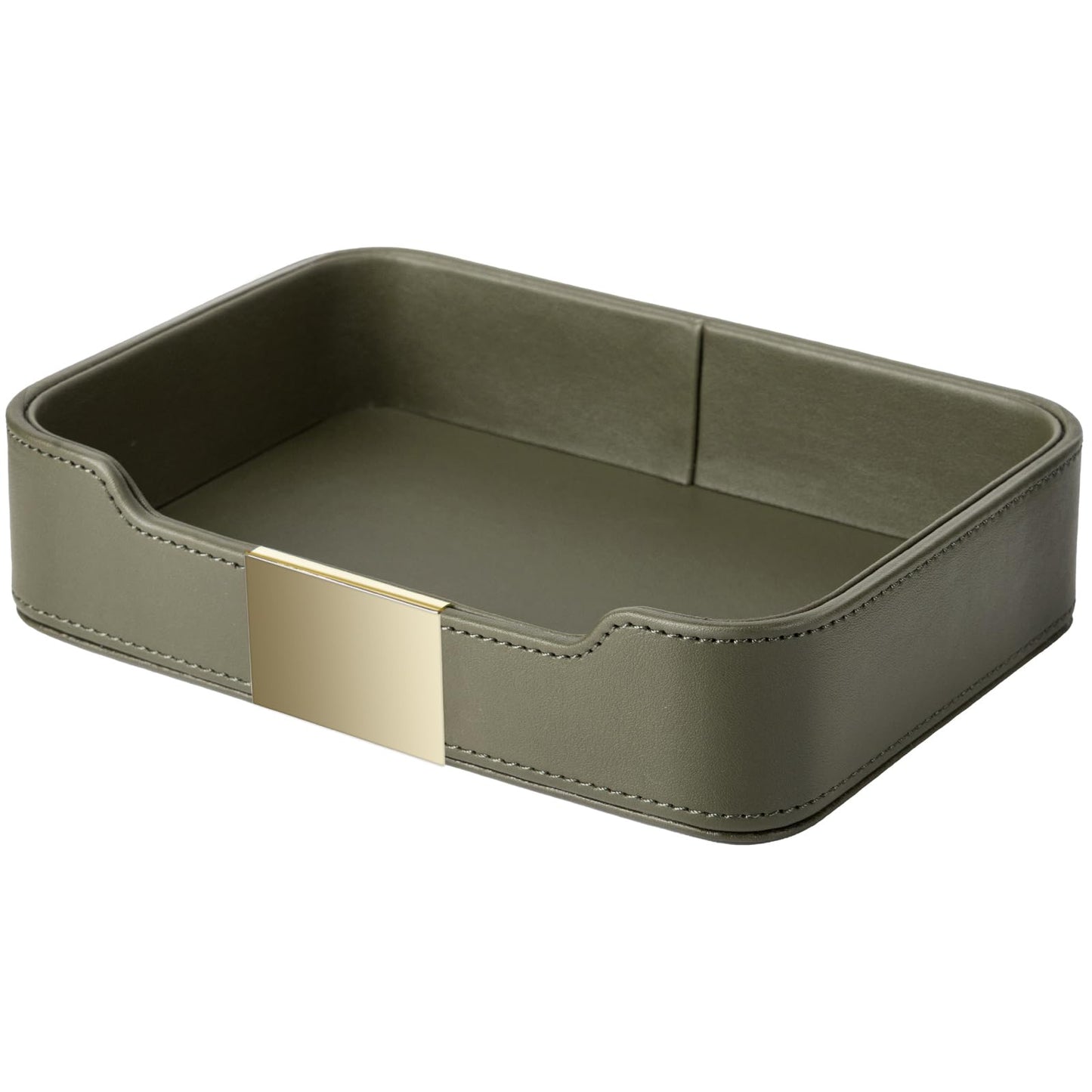 SANZIE Luxury Leather Tray Organizer Valet Tray Key Tray for Entryway Table Desktop Storage Catchall Tray Decorative Tray for Jewelry Keys Wallet Phone Watch (Metal Gilded, Khaki Green)