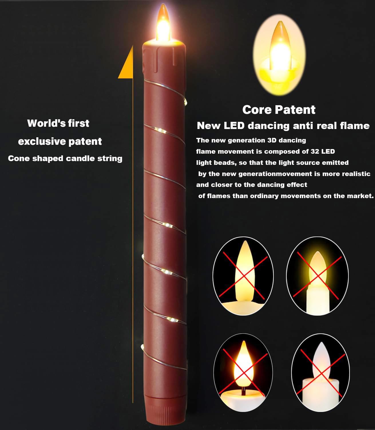 Flameless Cone-Shaped Candle, Patented with Starlight String, 11 Key Remote Control, Timer, Battery Powered, Patented Simulated Flame, 3 Packs, Christmas Home and Wedding Decoration (red)