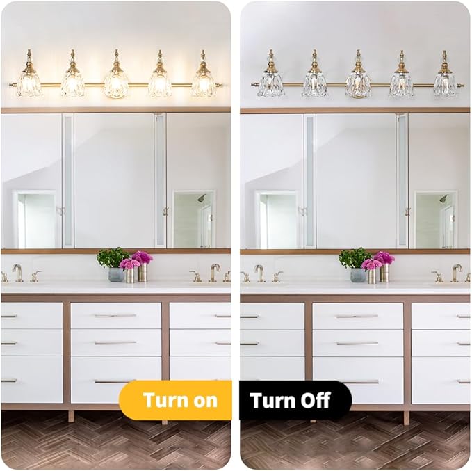 5 Lights Brass Gold Bathroom Light Fixtures, Antique Vanity Light with Flower Glass Shade, Bathroom Vanity Light Over Mirror, Farmhouse Sconces Wall Lighting for Hallway Livingroom Bedroom