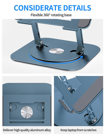 Adjustable Computer Stand with 360 Rotating Base, Ergonimic Foldable Laptop Riser for Desk Compatible with MacBook Pro/Air Notebook up to 16 Inches, Silver