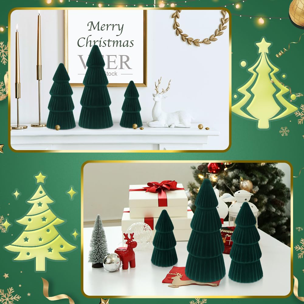 JOICEE Christmas Decorations Indoor, 3 Pcs Velvet Ceramic Christmas Trees Green Modern Cone Tabletop Trees for Xmas Winter Home Room Holiday Decorations Entryway Table Mantel Centerpiece Decor