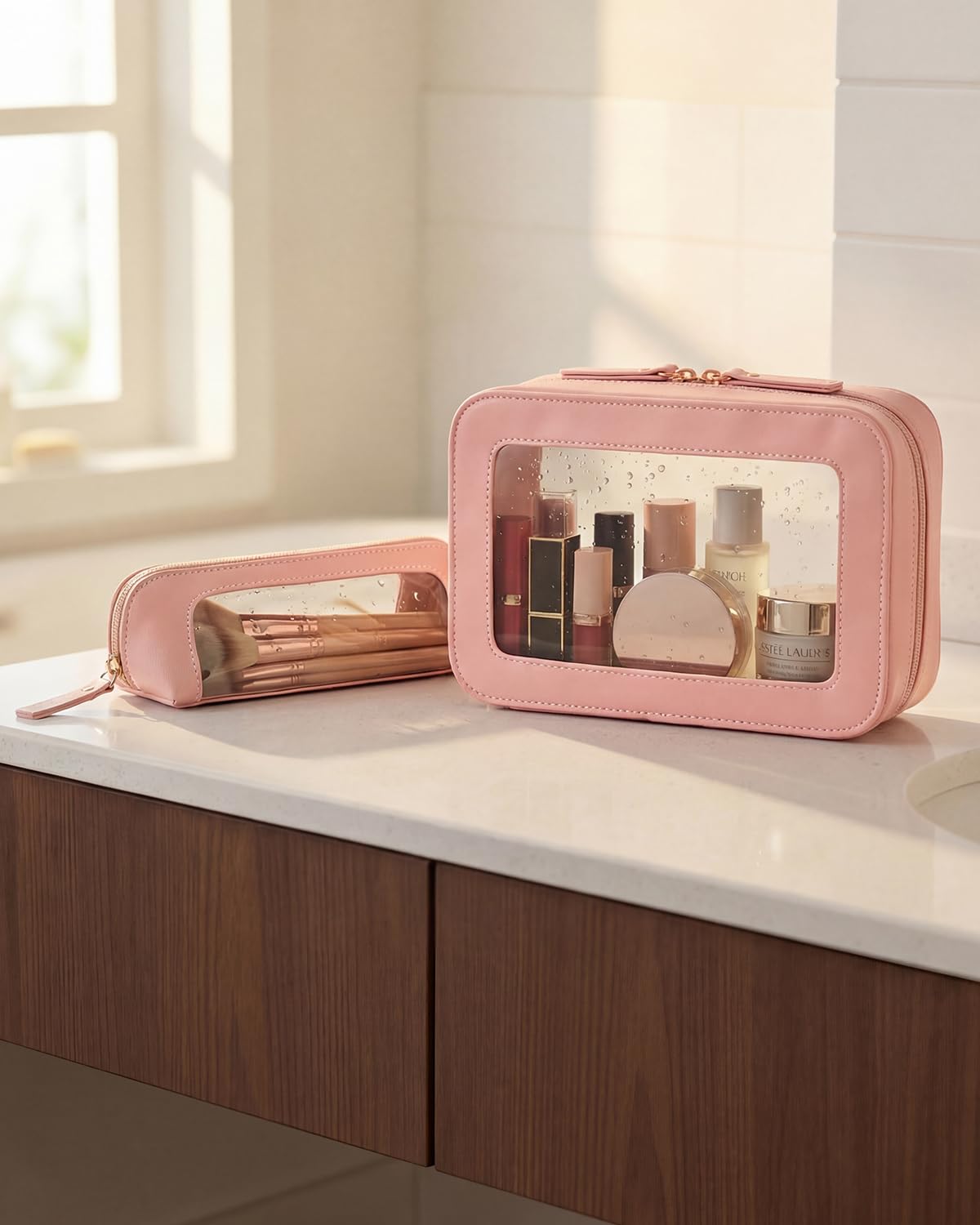 LETGO Clear Travel Makeup Brush Bag, Leather Portable Makeup Brush Bag Organizer Pouch Lipstick Bag Transparent Waterproof Makeup Bag Car Orangizer Storage Bag for Women (Dual Pink)