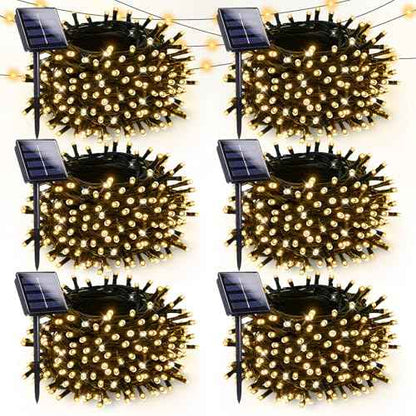 6 Pack Solar Christmas Lights Outdoor Waterproof, 600 LED 198 FT Solar Powered String Lights Outdoor with Green Wire 8 Lighting Modes, Mini LED Xmas Tree Light for Fence Party Decorations, Warm White