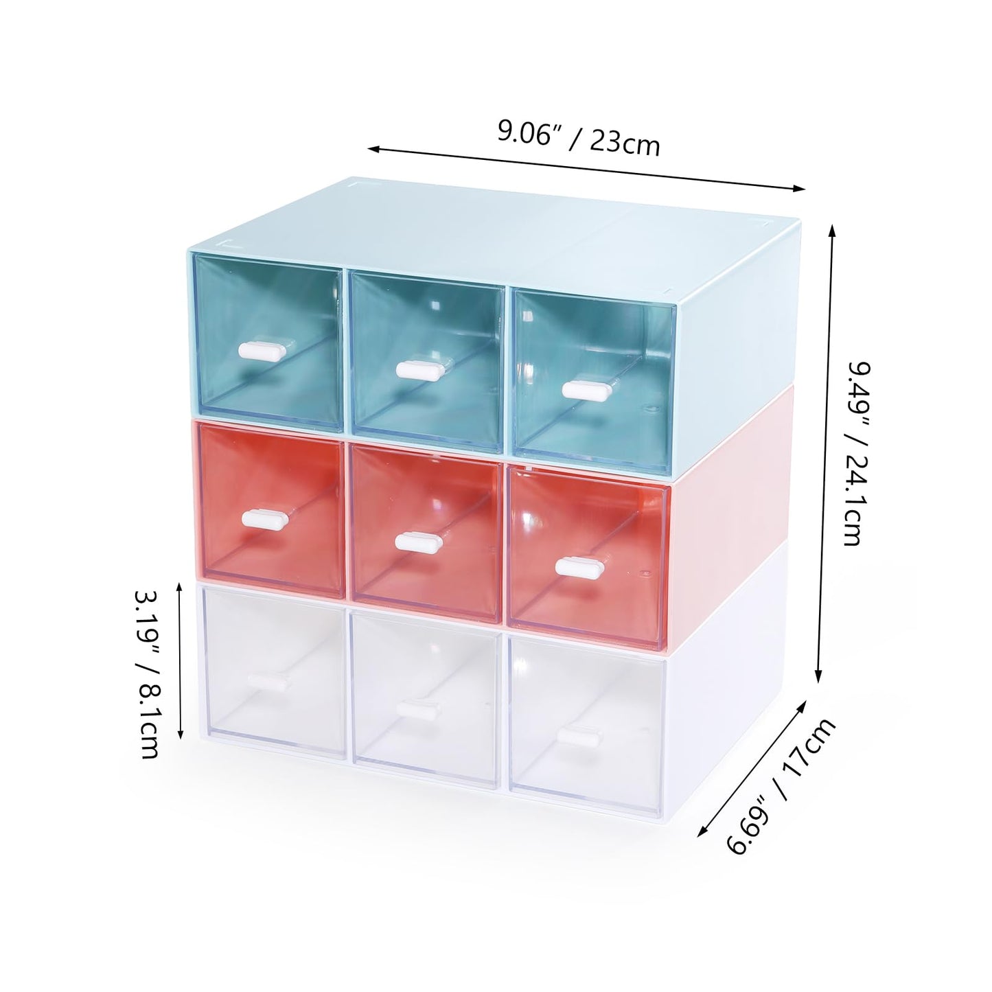 OSteed Desktop Drawers, Desk Organizer with 9 Drawers, Stackable Plastic Storage Box for Home Collection, Cosmetics, Jewelry, Office Supplies (3 Tiers, Mixed Colors)