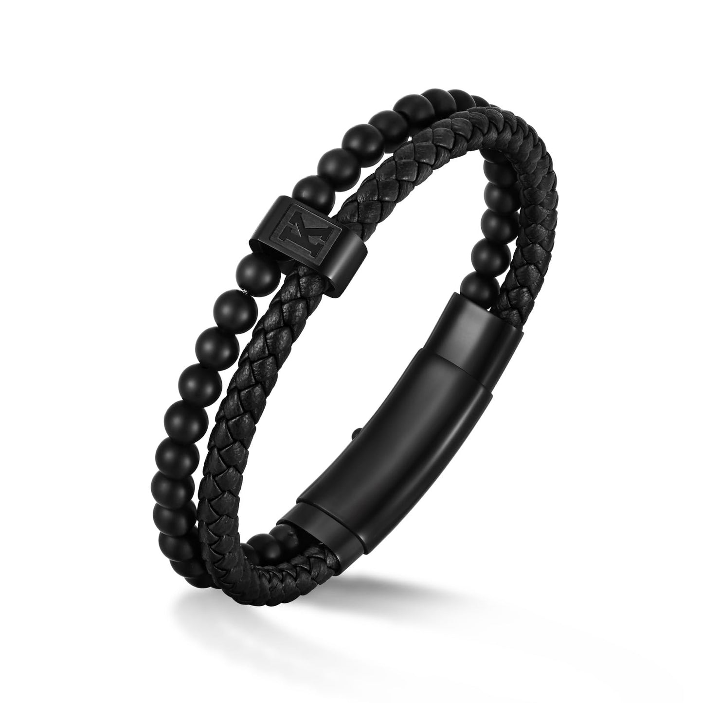 Initial Bracelet for Men Letter Handmade Natural Agate Stone Beaded Braided Black Leather Adjustable Cuff Meaningful Bracelets , Jewelry Gifts, Father's Day Gifts Matching Couple, 7.5-8.3 Inches