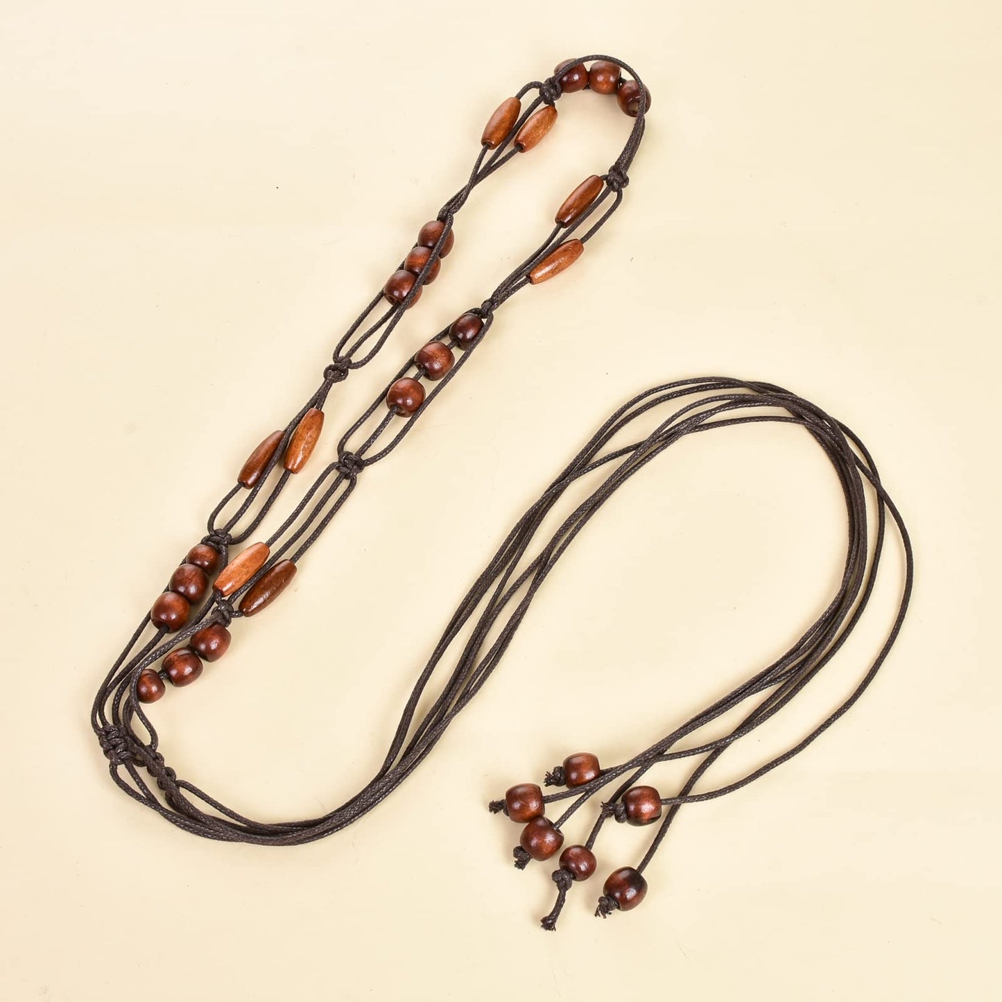 ILuvatar Women's tassel thin belt women's Bohemian style cross knotted hand woven belt Wooden beads waist rope 2pcs BLACK+ COFFEE