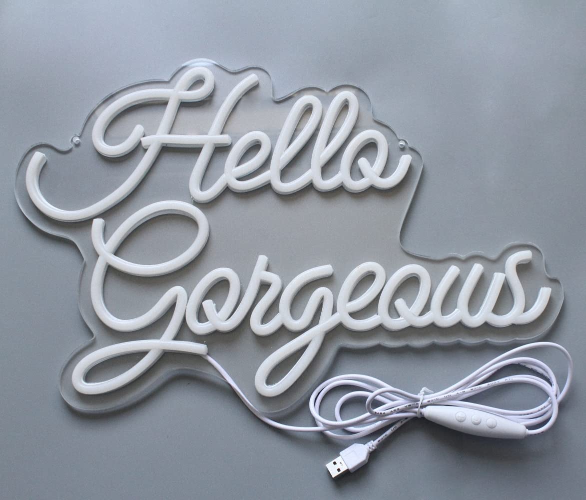 DAKABUKA Hello Gorgeous Neon Signs Hello Beautiful Warm White LED Light for Bedroom Wedding Birthday Backdrop Bacelorette Party Wth Dimmable Switch(5V,16.5X11inches)