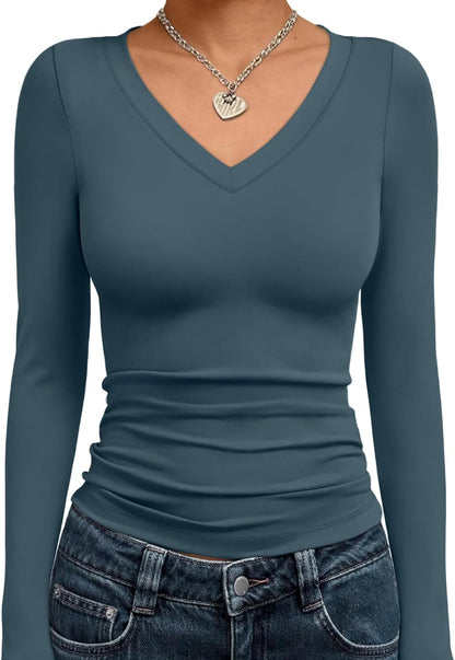 Trendy Queen Long Sleeve Shirts for Women 2025 Fall Fashion V Neck Basics Crop Tops Slim Fitted Y2K Tops Outfits Clothes