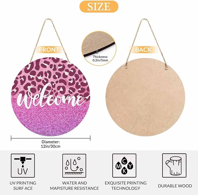 Welcome Sign Rustic Round Sign Front Door Wreaths Pink Leopard Print for Outdoor Indoor Wall Hanging Decorations 12x12in