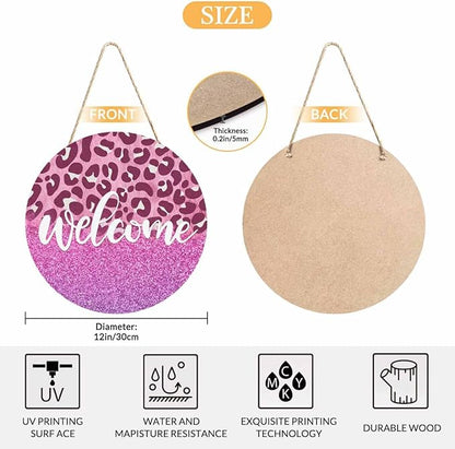 Welcome Sign Rustic Round Sign Front Door Wreaths Pink Leopard Print for Outdoor Indoor Wall Hanging Decorations 12x12in