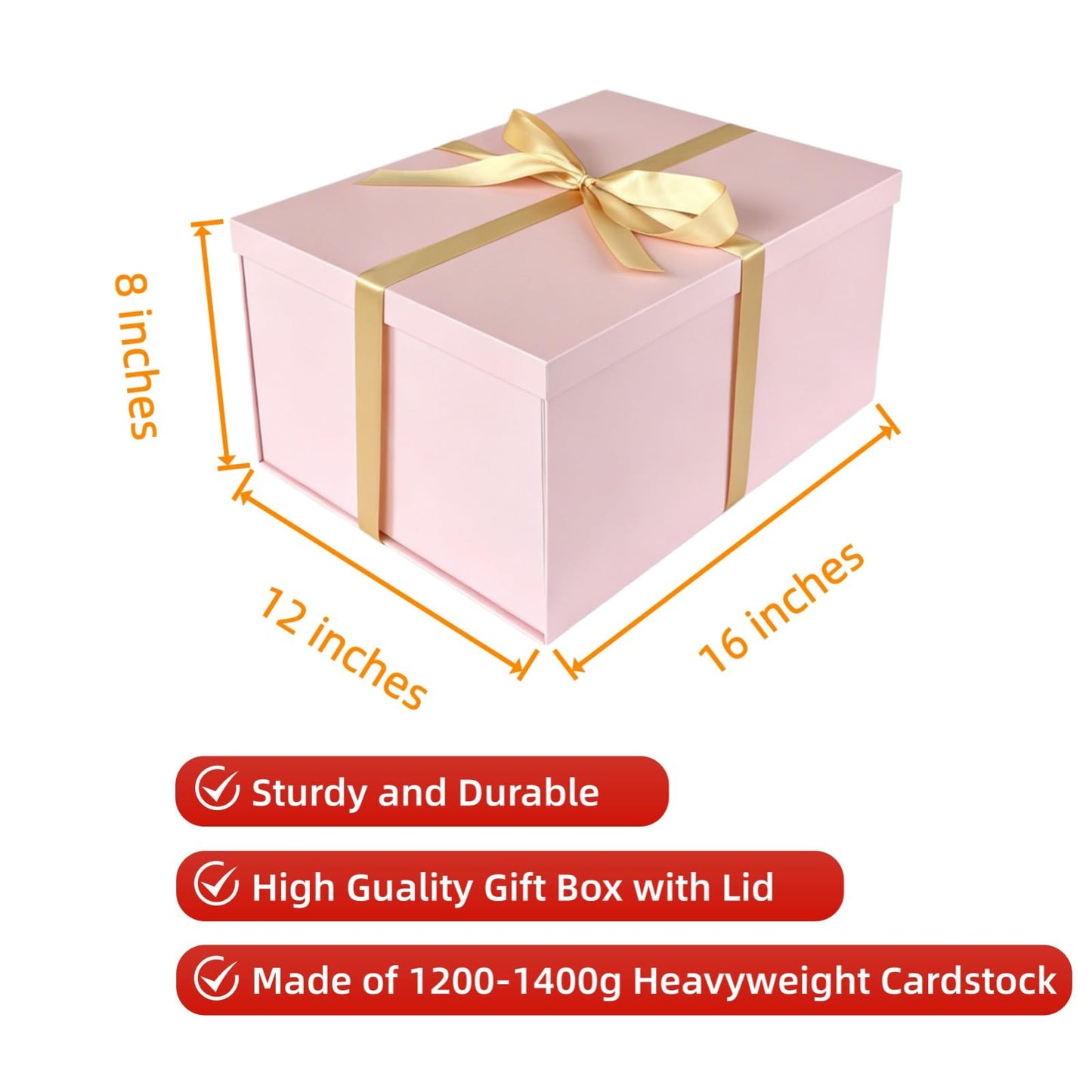 BoxSkivra Large Gift Box 16x12x8 Inches，Pink Gift Box with Lid for Christmas，Anniversary，Birthday，Luxury Boxes with Crinkle Paper，Ribbon，Alphabet Stickers