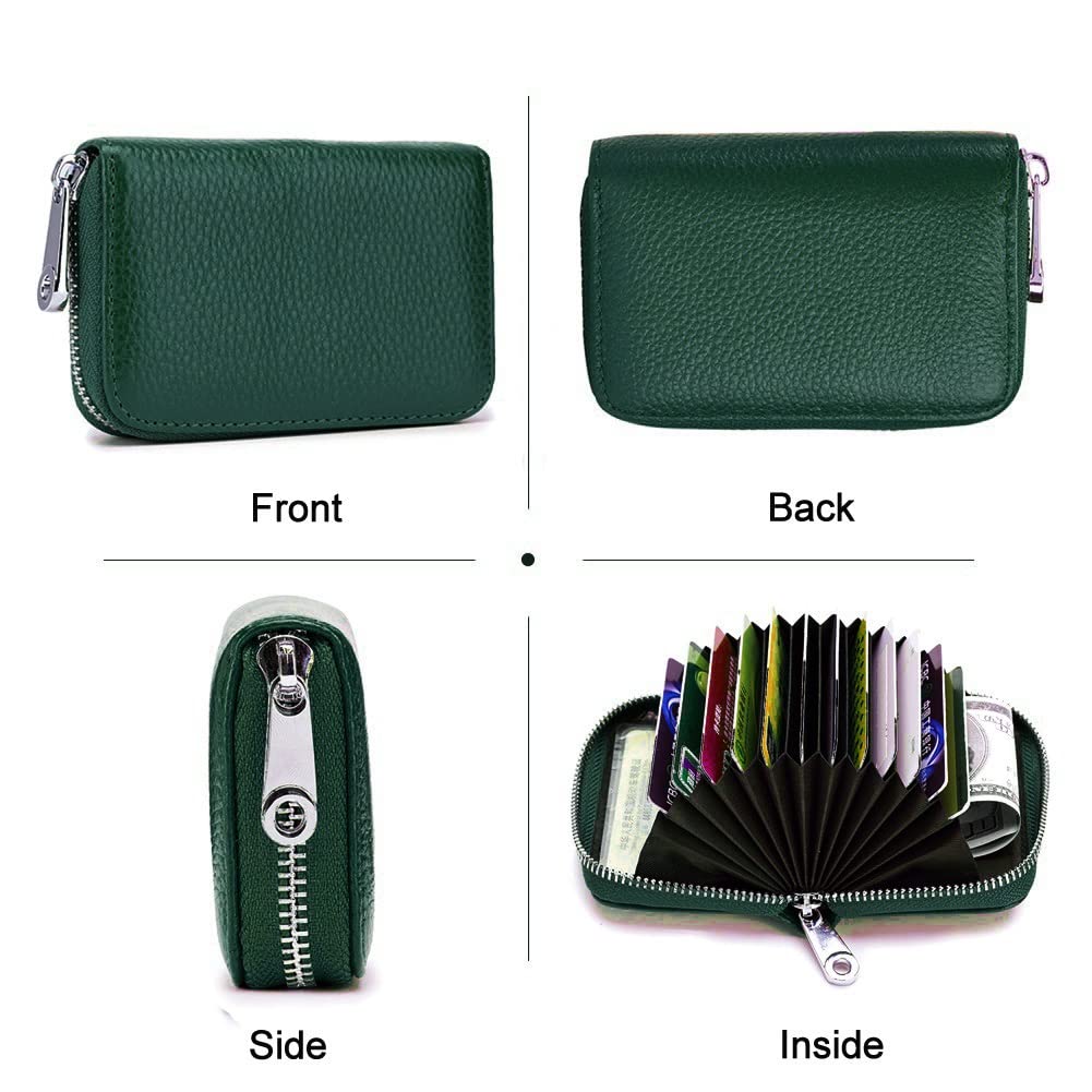 EASTNIGHTS RFID Credit Card Holder Genuine Leather Credit Card Wallet with Zipper (dark green)