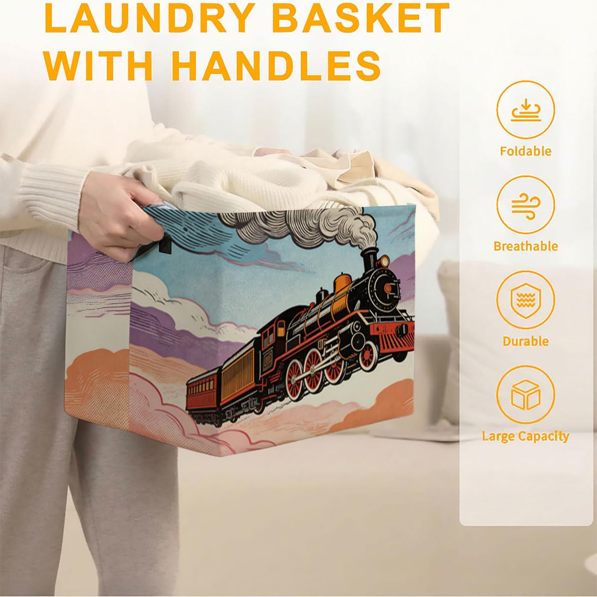 Train Laundry Hamper with Handles,Large 56L Foldable Square Clothes Basket Multi‑Use Blanket Storage Bins for Organizing Books,Toys,Gifts,Room Decoration,Laundry Room,Dorm Nursery