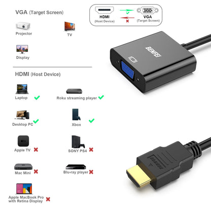 BENFEI HDMI to VGA, Gold-Plated Adapter (Male to Female) for Computer, Desktop, Laptop, PC, Monitor, Projector, HDTV, Chromebook, Raspberry Pi, Roku, Xbox and More - Black