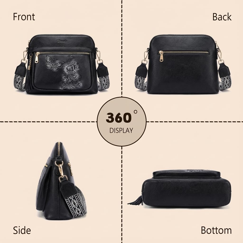 VIMUTI Crossbody Bags for Women Trendy, Lightweight Purses for Women Embossed Design Shoulder Handbags with Guitar Strap (Black)