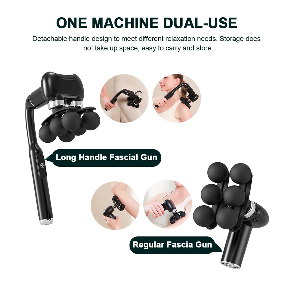 IeBilif Massage Gun with Extension Handle, Handheld Foot Back Neck Shoulder Massager with 6 Adjustable Speeds & Modes and 5 Replaceable Heads for Gym & Home Use, Birthday Gifts for Men