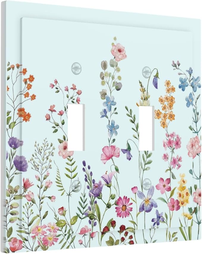 Rustic Wild Floral Vintage Blue Watercolor Flower Double Toggle Light Switch Covers Decorative Unique 2 Gang Wall Plate Dual Electrical Faceplate Switchplate for Bathroom Bedroom Decor
