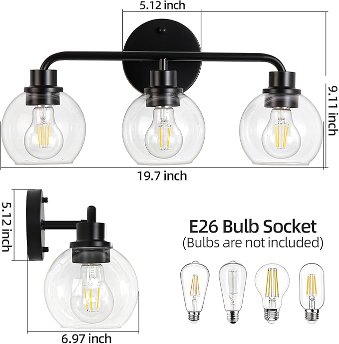 Bathroom Light Fixtures Black Vanity Light, 3 Light Modern Wall Sconces Lighting Bathroom Lights with Globe Clear Glass Shades, Bath Wall Lights Wall Lamp for Mirror Kitchen Living Room Hallway