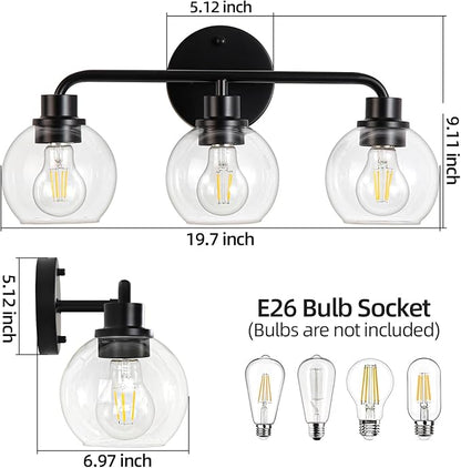 Bathroom Light Fixtures Black Vanity Light, 3 Light Modern Wall Sconces Lighting Bathroom Lights with Globe Clear Glass Shades, Bath Wall Lights Wall Lamp for Mirror Kitchen Living Room Hallway