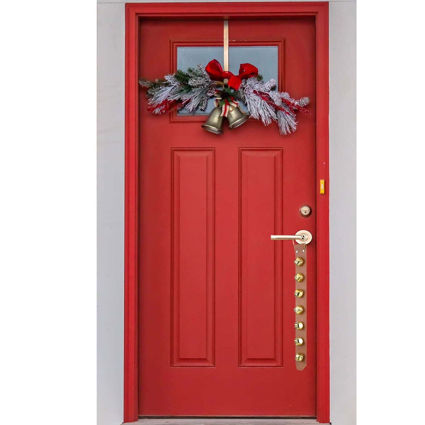 Frienda Hanging Jingle Sleigh Bells 7-Bell Dog Doorbells for Door Knob Faux Leather Belts Go Outside Dog Bells Christmas Decor and Holiday Decorations, 18.7 x 1.8 x 1 Inches(Light Brown with Gold)