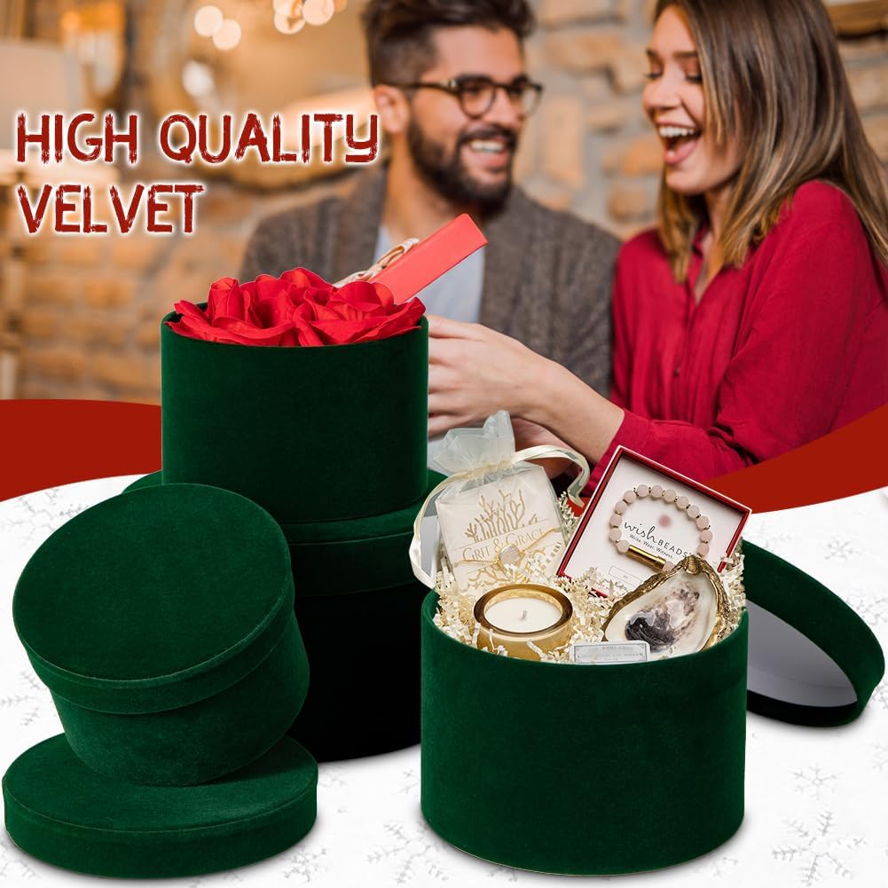 GnFlus Round Gift Boxes with Lids for Presents Set of 4 Green Velvet Nesting Gifts Box for Arrangements Flowers Wedding Birthday Valentines Bridesmaid Christmas Party Anniversary
