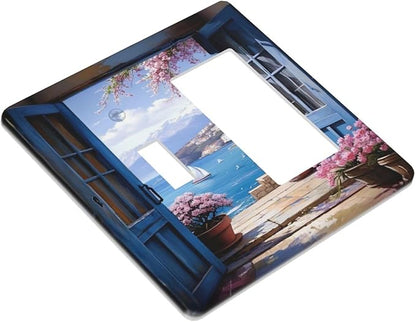 Decorative Art Light Switch Covers Seaside Window View 2 Gang Single Toggle Rocker Combination Electrical Faceplate Switchplate Wall Plate for Home Decor