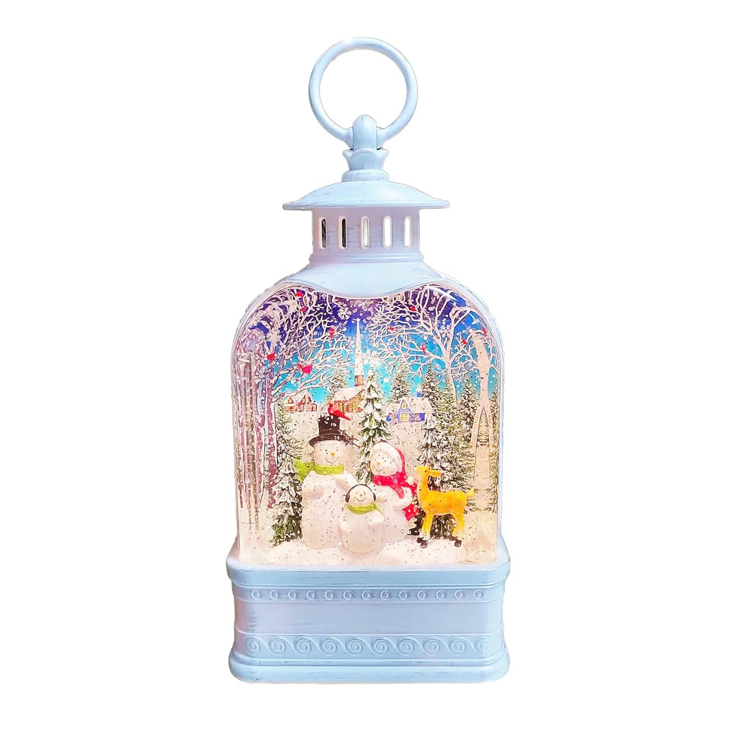Snow Globe Lighted Snowman Family Lantern 9.5” Acrylic LED Christmas Lantern with Water Glitter Battery Operated Decoration for Tabletop Mantel Moments In Time