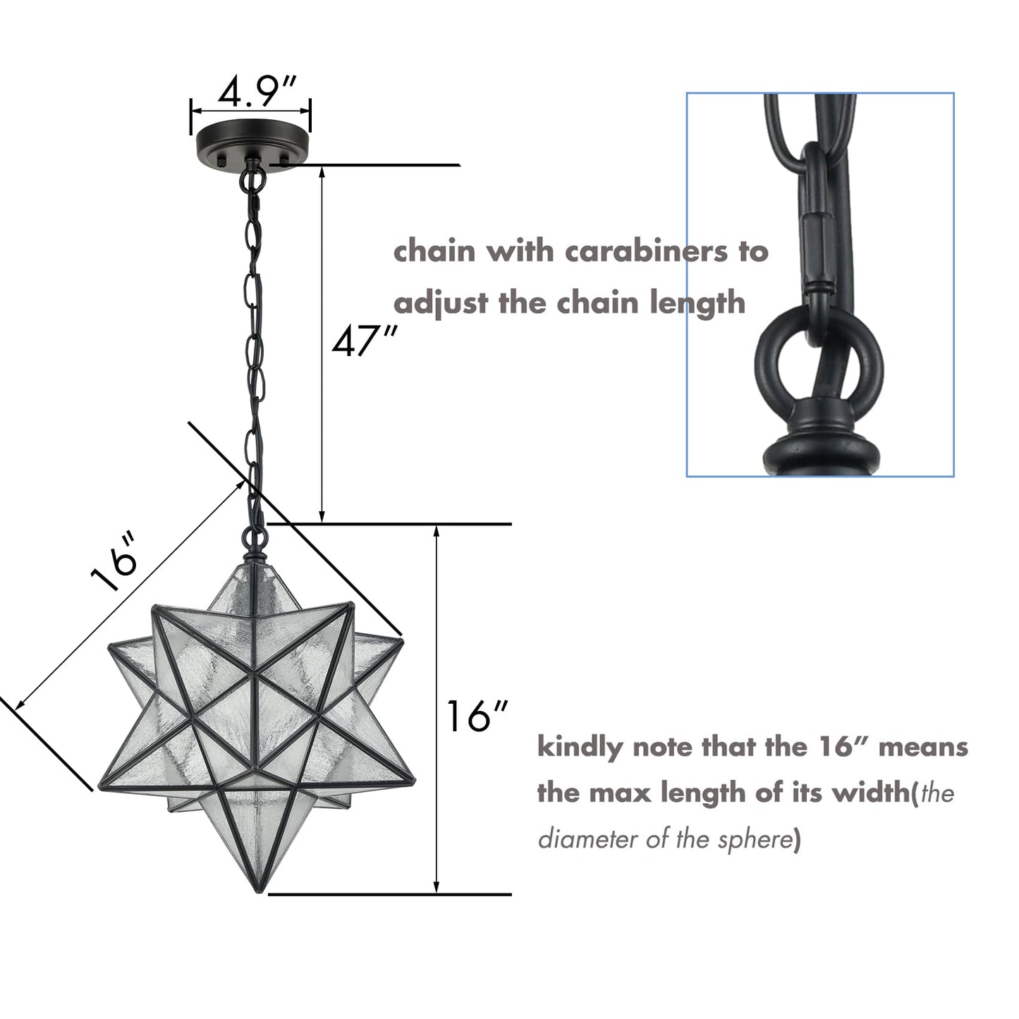 Modern Moravian Star Pendant Light Seeded Large Glass Hanging Lights with Adjustable Chain, 16'' Diameter Shade Lighting for Kitchen Porch Dining Foyer Bedroom