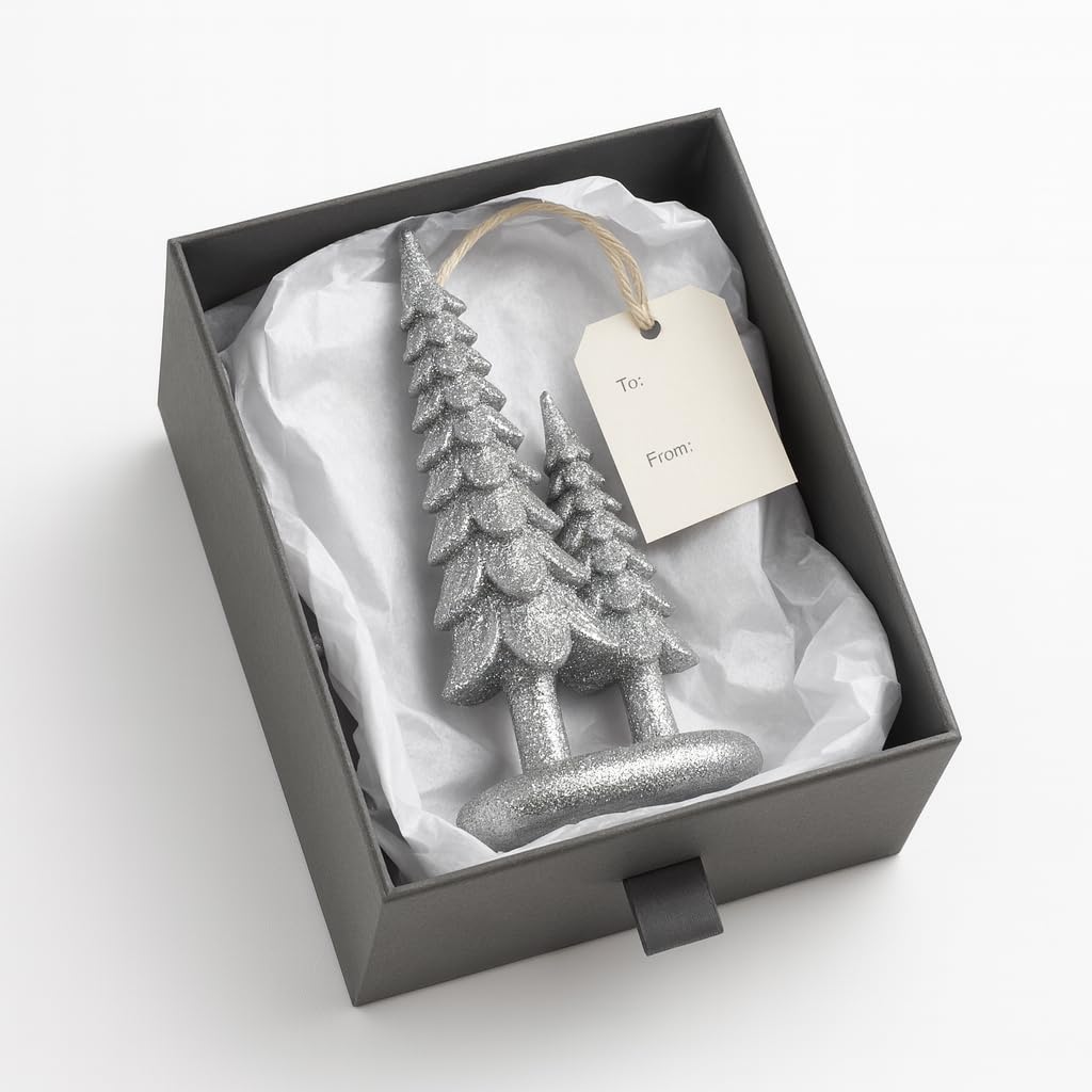 iStatue Sparkle Pine Trees, 7" Resin Tabletop Figurine Double Glitter Trees on One Base Indoor Christmas Decoration, Modern Mantel/Bookshelf Décor (Silver)