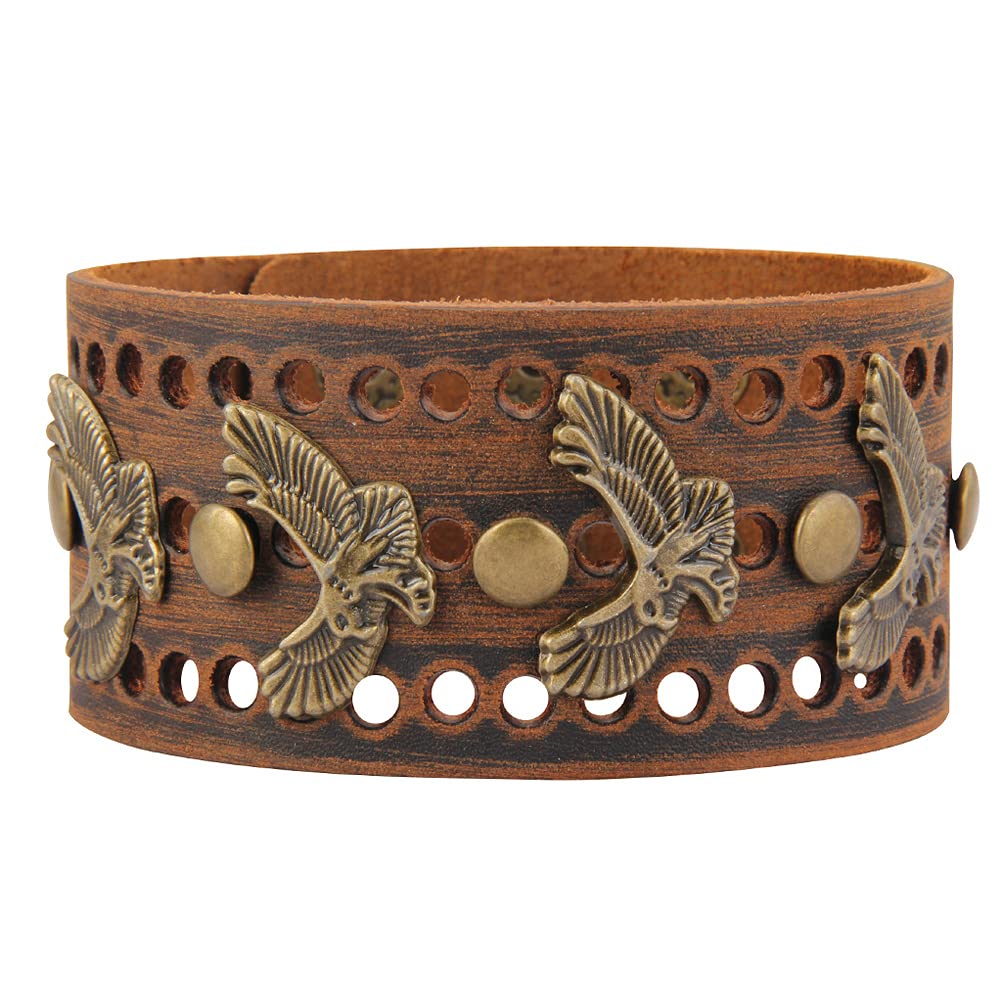 Jeilwiy Brown Leather Bracelet Mens Wide Bracelet Brown Eagle Cuff Bracelet Wrap Bangle Punk Leather Bracelet