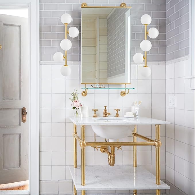 Mid Century Modern Bathroom Vanity Lights, 5-Light Bathroom Light Fixtures Brass Gold Bathroom Lights Semi-Flush Mount Ceiling Light, Gold Wall Sconce Wall Light with Globe Frosted Milk Glass, G9 Base