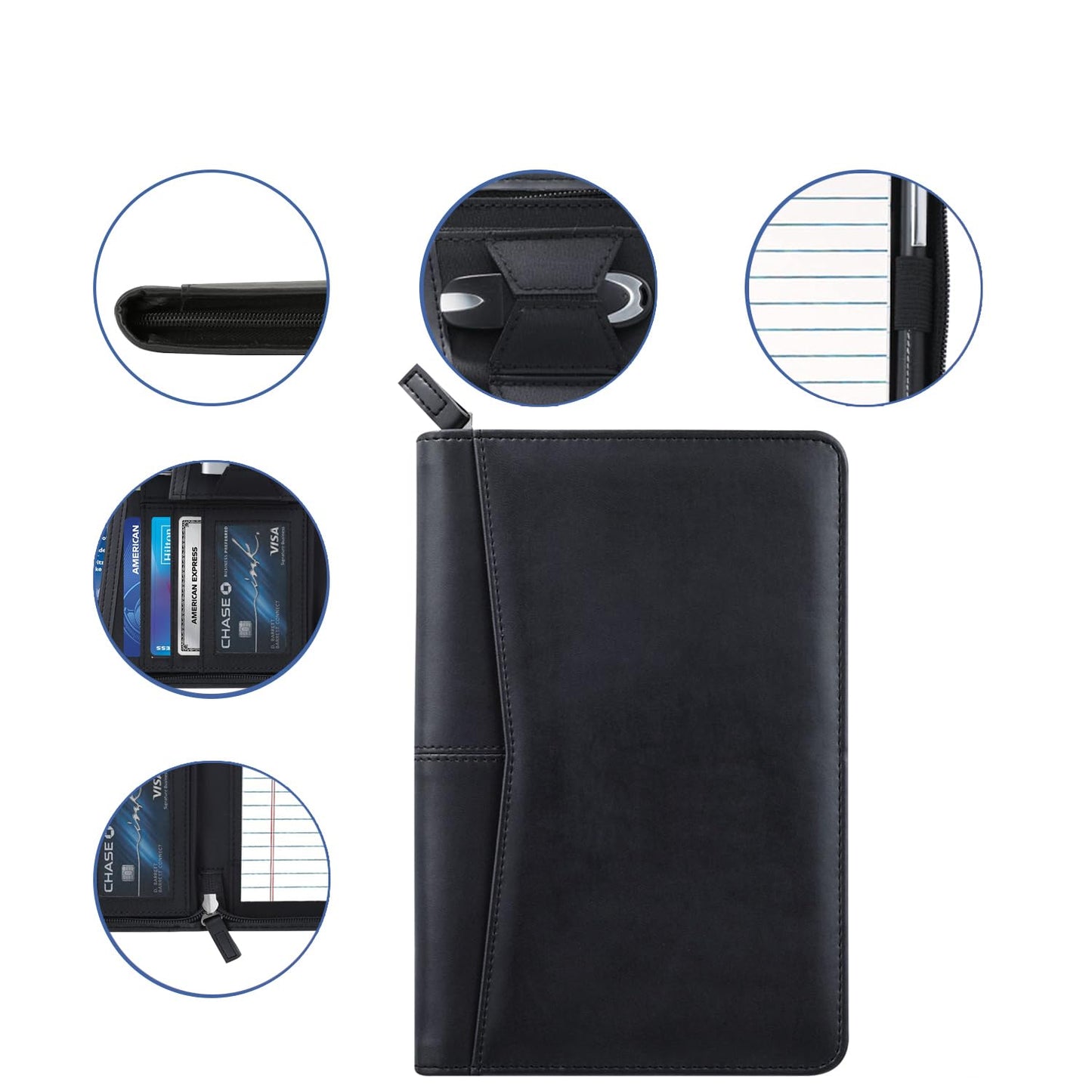 Gorbado Small Portfolio Organizer, A5 Zippered Business Portfolio, Junior Padfolio Folder Binder for Women & Men, 5 x 8 Writing Pad Included, Black