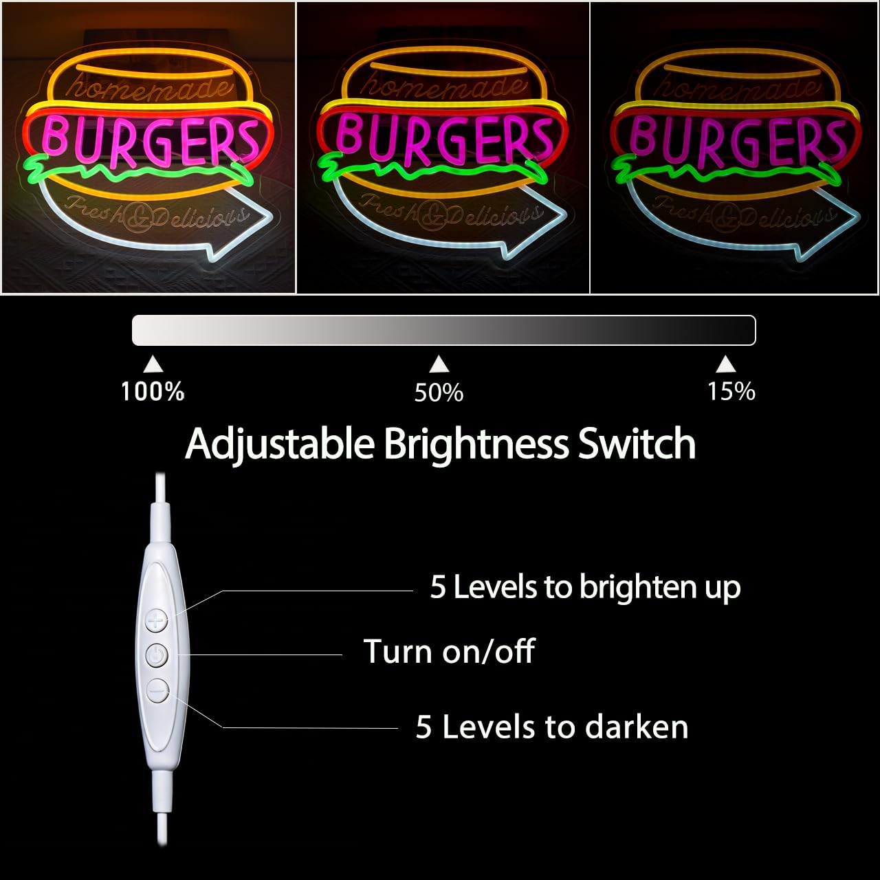 GYCLFNDDONG Burgers Neon Sign Business Hamburger Food Shop LED Neon Light for Wall Decor, USB Powered Burgers Art Signs for Kitchen Bar Restaurant Snack Food Shop Decoration