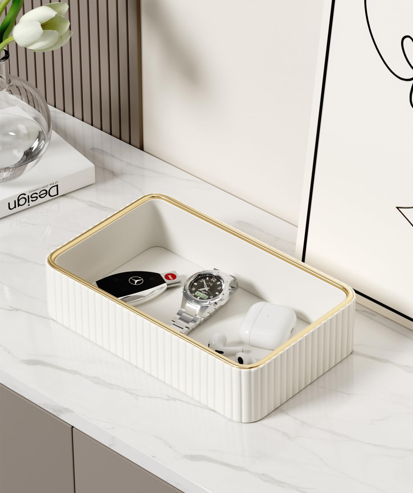 MEIBOOCH Desk Organizer Tray, PU Leather Nightstand Organizer Perfume Valet Tray for Men Women, Decorative Vanity Trays Trinket Dish Key Bowl for Entryway Table (Ivory, Small)