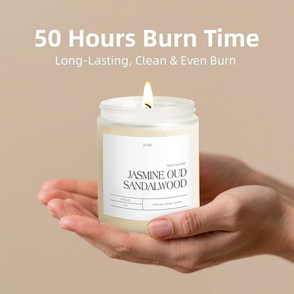 Jasmine, Oud & Sandalwood Scented Candles for Home, Natural Soy Wax Aromatherapy Non Toxic Candle Gifts for Women Men, Home Fragrance Decoration Glass Jar Candle for Relaxation (9oz White