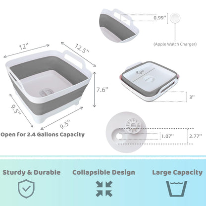 Collapsible Wash Basin for Baby Bottles - 2.4 Gallons Portable Wash Bin for RV Camping Sink, Space-Saving Dish Tub (Gray)