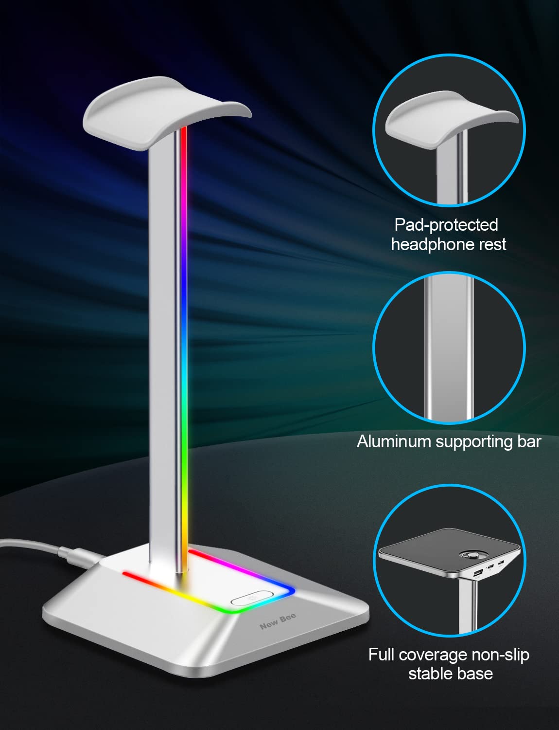 New Bee RGB Headphone Stand with 1 USB-C Charging Port and 1 USB Charging Port, Desk Gaming Headset Stand with 7 Light Modes and Non-Slip Rubber Base Suitable for All Earphone Accessories (Silver)