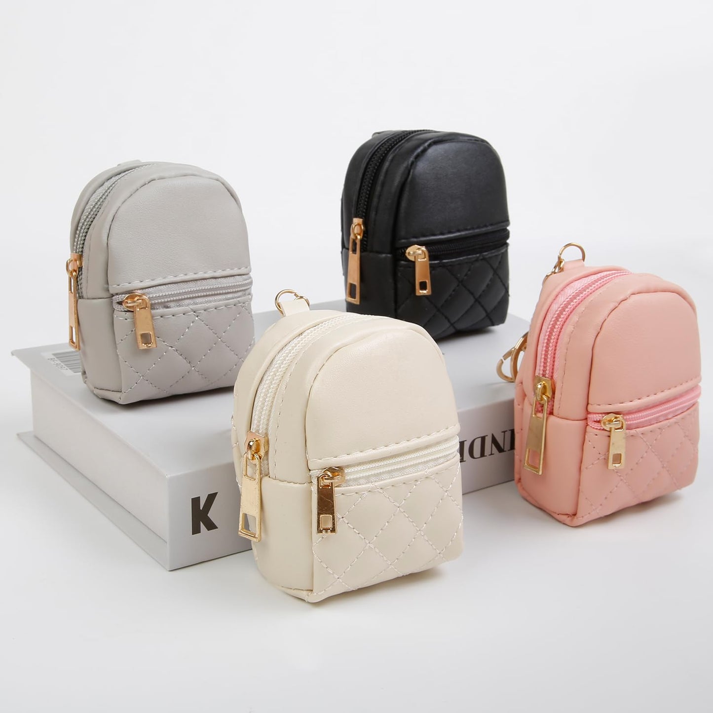 AIBFRID 4Pcs Mini Backpack Keychain,Cute Cosmetic Bag for Women Mother's Day,PU Leather Makeup Bag Key Pocket Lipstick Bag Card Holder Data Cable Organizer Zipper Pouch (black beige pink gray)