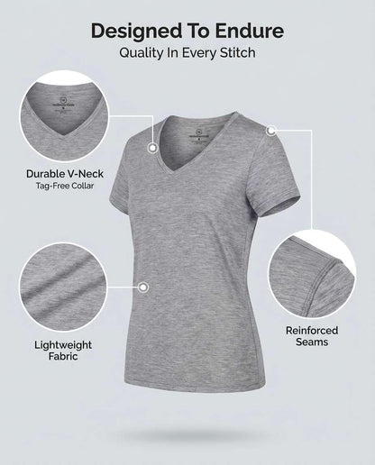 Real Essentials 5 Pack: Women's Dry-Fit Short Sleeve V Neck T Shirt Workout Fitness Yoga Top Tee, Set 16, L