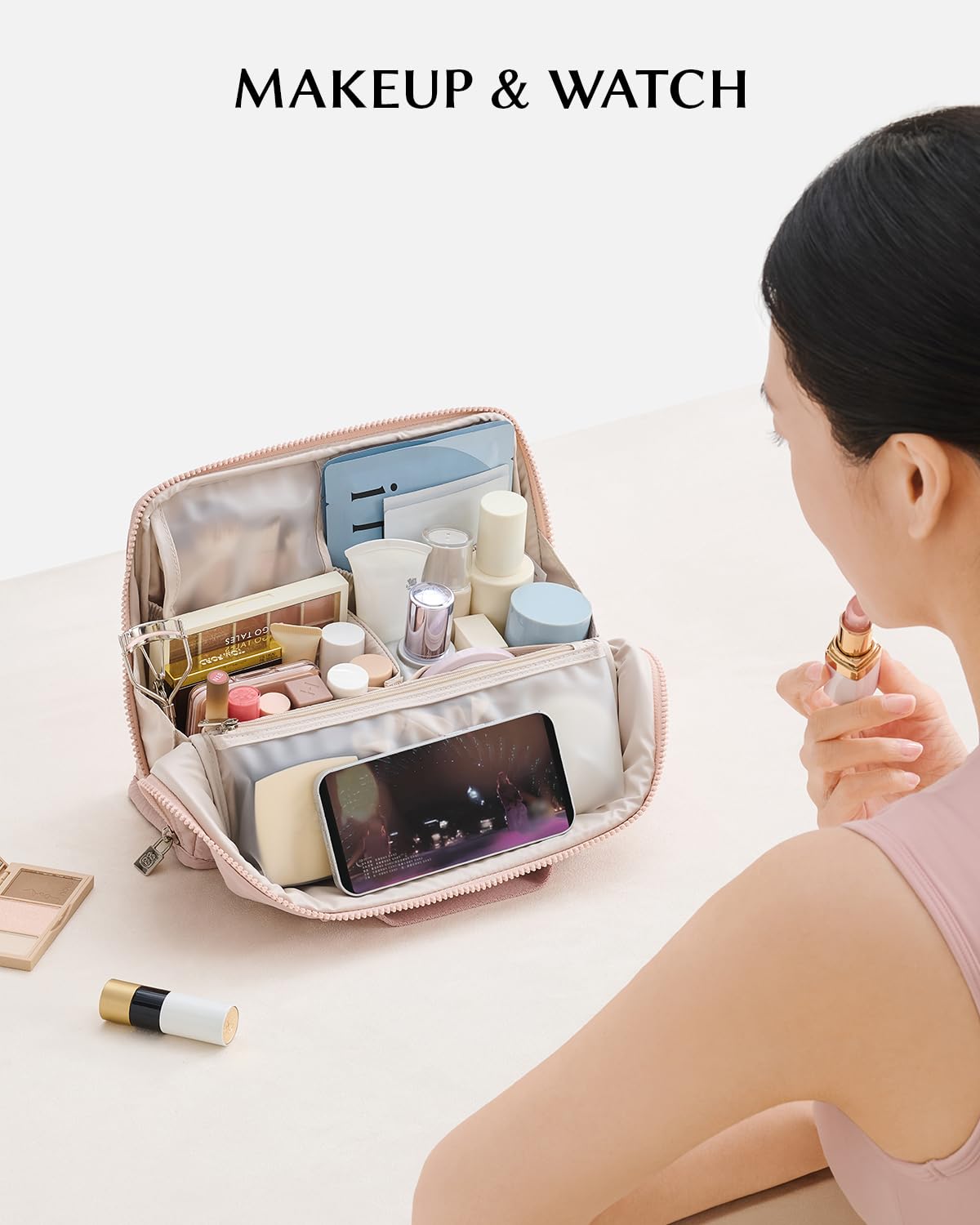 EACHY Standing Makeup Bag - Large Waterproof Cosmetic Bag & Toiletry Bag Organizer with Phone Holder, Detachable Dividers, Wipe-Clean Brush Pouch for Women